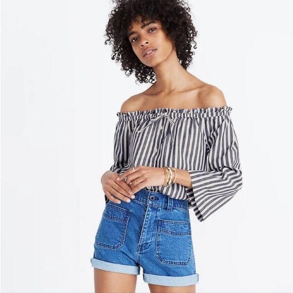 Madewell -622 NWT Shimmer‎ Stripe Off-the-Shoulder Top White Blue H6707 Sz Small - Picture 1 of 10